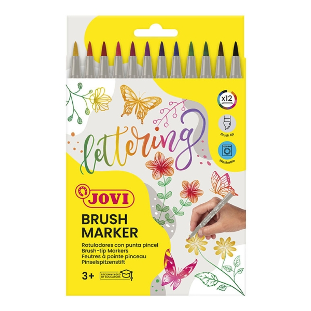 Jovi Brush Marker Pack de 12 Rotuladores Punta Pincel 4.5mm - Punta Suave y Flexible - Trazos Finos y Gruesos - Tinta Base Agua - Ideal para Lettering 1