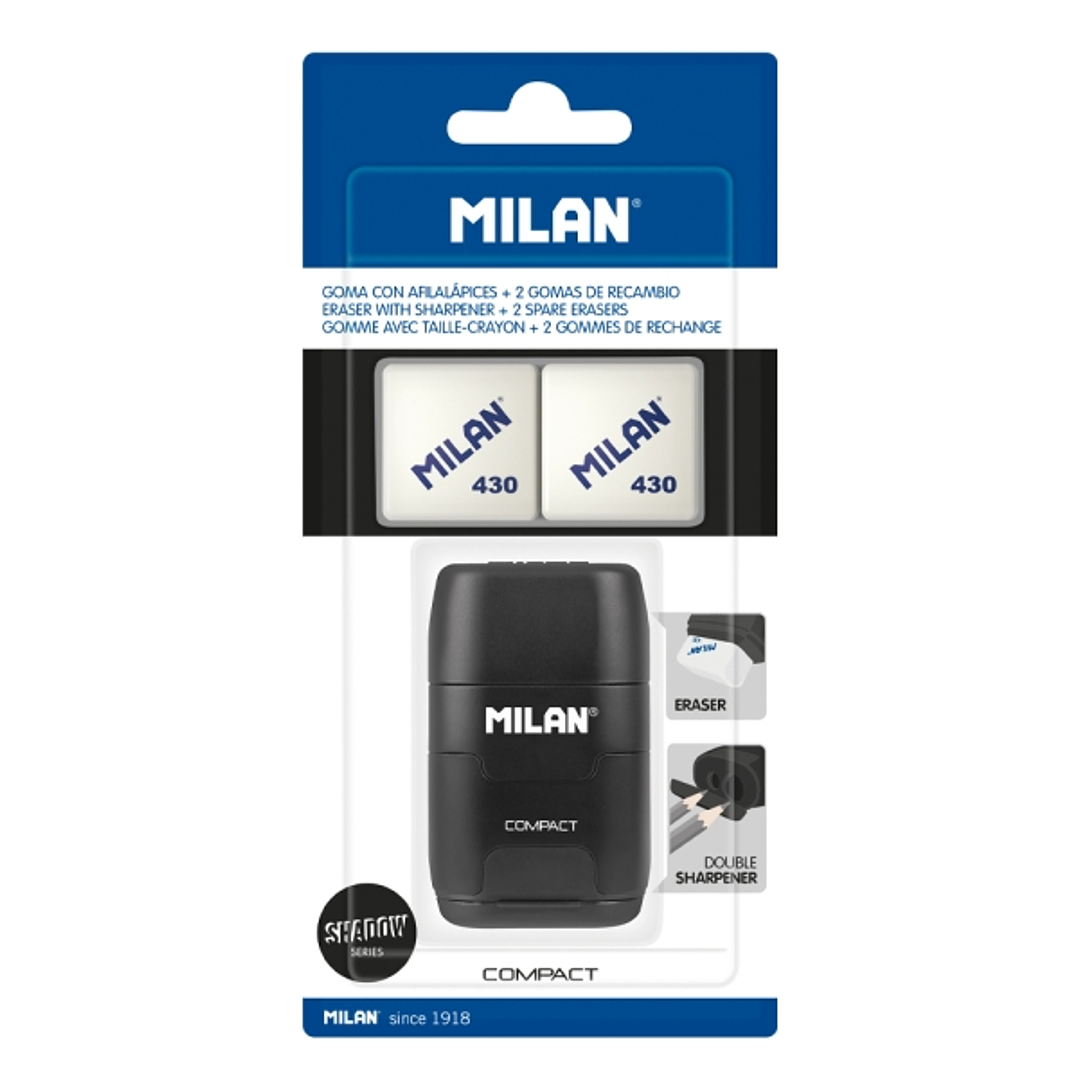 Milan Compact Shadow Afilaborra - 2 Gomas de Recambio - Cuchilla de Acero de Seguridad - Doble Agujero para Normal y Maxi - Color Negro 1