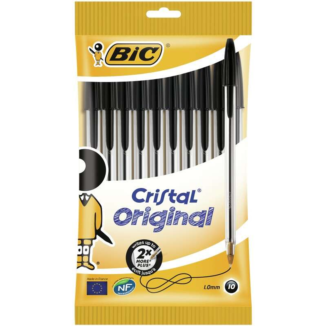 Bic Cristal Original Pack de 10 Boligrafos de Bola - Punta Redonda de 1.0mm - Trazo 0.4mm - Tinta con Base de Aceite - Color Negro 1