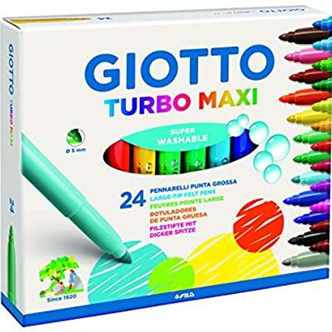 Giotto Turbo Maxi Pack de 24 Rotuladores - Punta Gruesa 5mm - Tinta al Agua - Lavable - Colores Surtidos 1