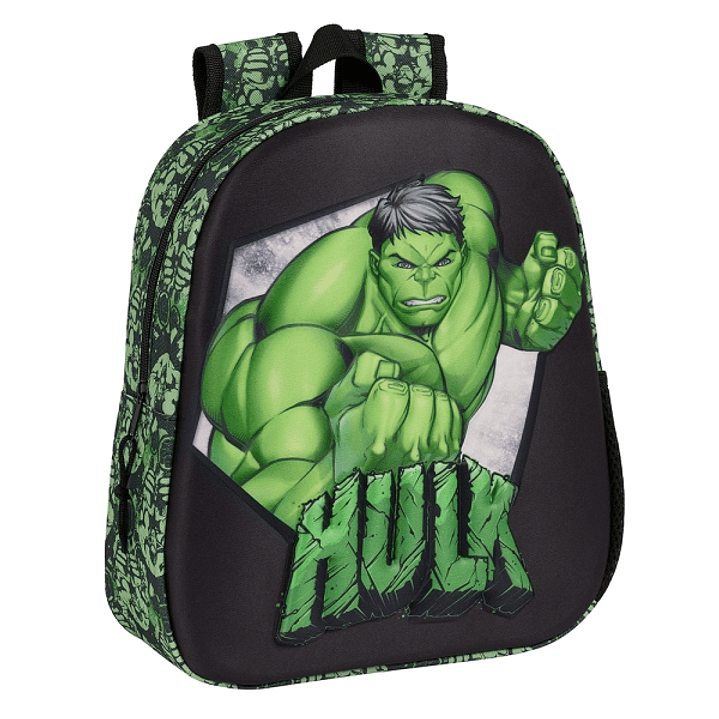 Safta Hulk Mochila 3D - Asa de Mano - Portabotellas Lateral - 27x33x10cm - Color Negro/Verde 1