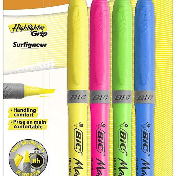 Bic Highlighter Grip Pack de 4 Marcadores Fluorescentes - Tinta con Base de Agua - Punta Biselada - Trazo entre 1.60 y 3.30mm - Colores Surtidos 1