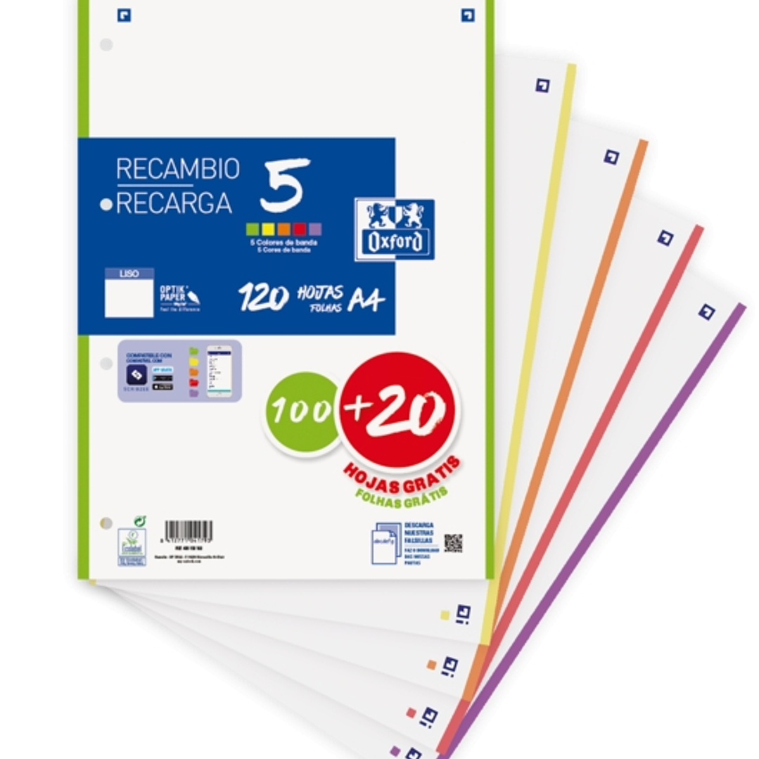 Oxford School Pack de 5 A4 Recambio - Liso - Promocion 100+20 Hojas - Colores Surtidos 1