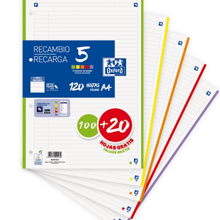 Oxford School Pack de 5 A4 Recambio - 1 Linea Promocion - 100+20 Hojas - Colores Surtidos 1