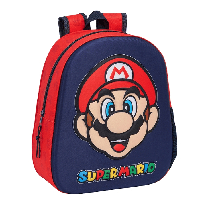 Safta Super Mario Mochila 3D - Asa de Mano - Portabotellas Lateral - 27x33x10cm - Color Rojo y Azul 1