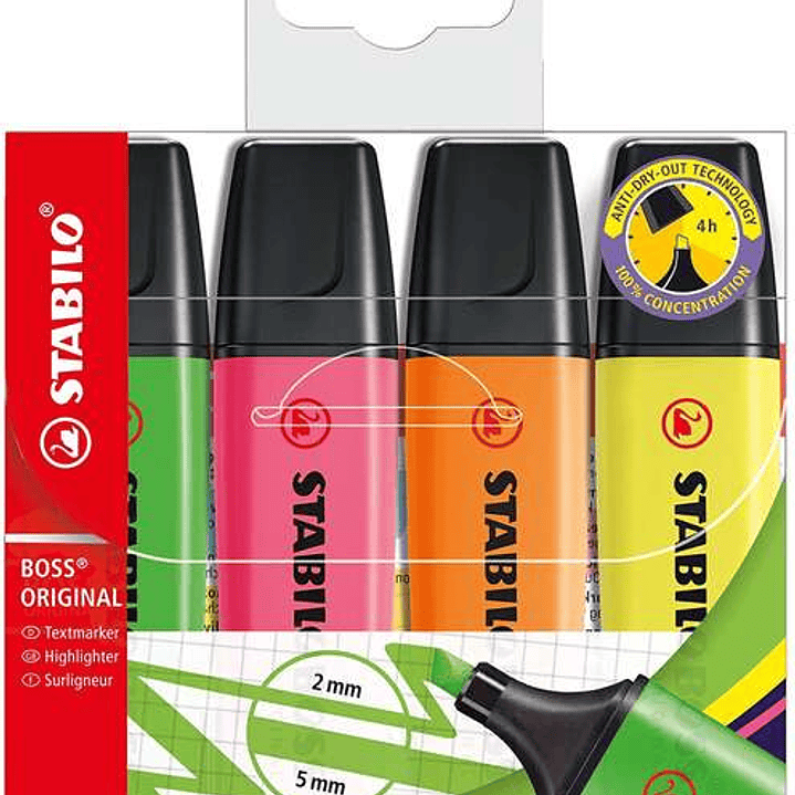 Stabilo Boss 70 Pack de 4 Marcadores Fluorescentes - Trazo entre 2 y 5mm - Recargable - Tinta con Base de Agua - Colores Surtidos 1