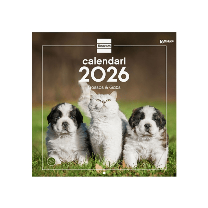Finocam Calendario de Pared en Catalan - Anual 2026 - Imagenes Variadas - 300x300mm - Espacio para Escribir - Tematica de Perros y Gatos 1