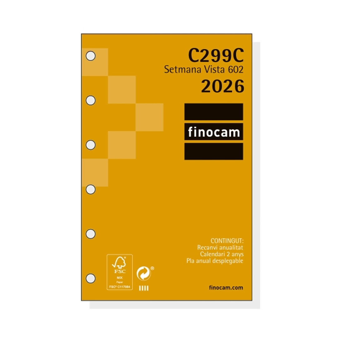 Finocam C299C Recambio para Agendas Classic en Catalan - Anual 2026 - Hojas Microperforadas - Formato 602 - 73x6x114mm - Semana Vista Horizontal - Col 1