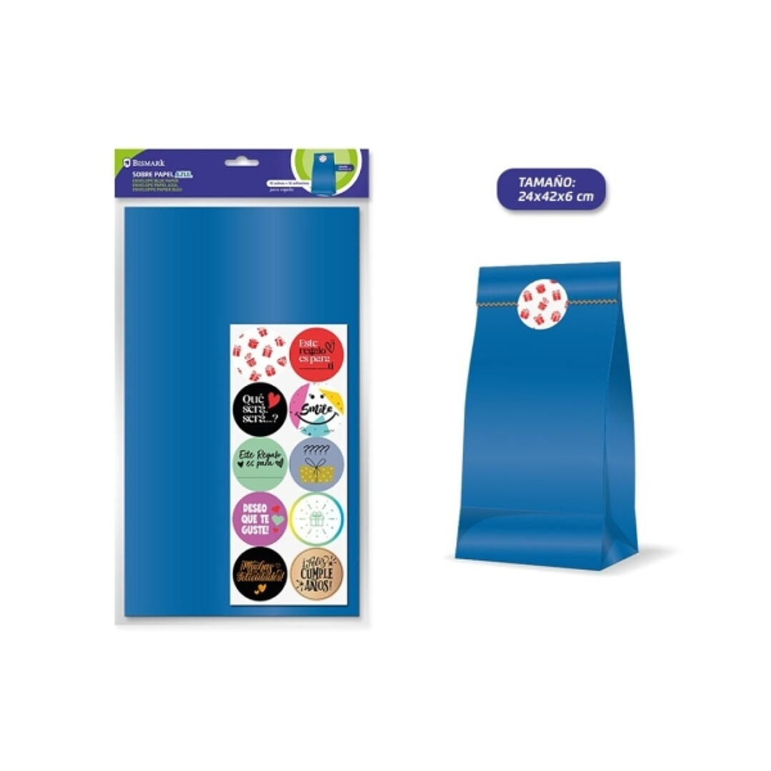 Bismark Pack de 10 Sobres Papel Kraft 50grs con 10 Pegatinas para Cierre - Medidas 24x42x6cm - Ideal para Regalos - Color Azul 1