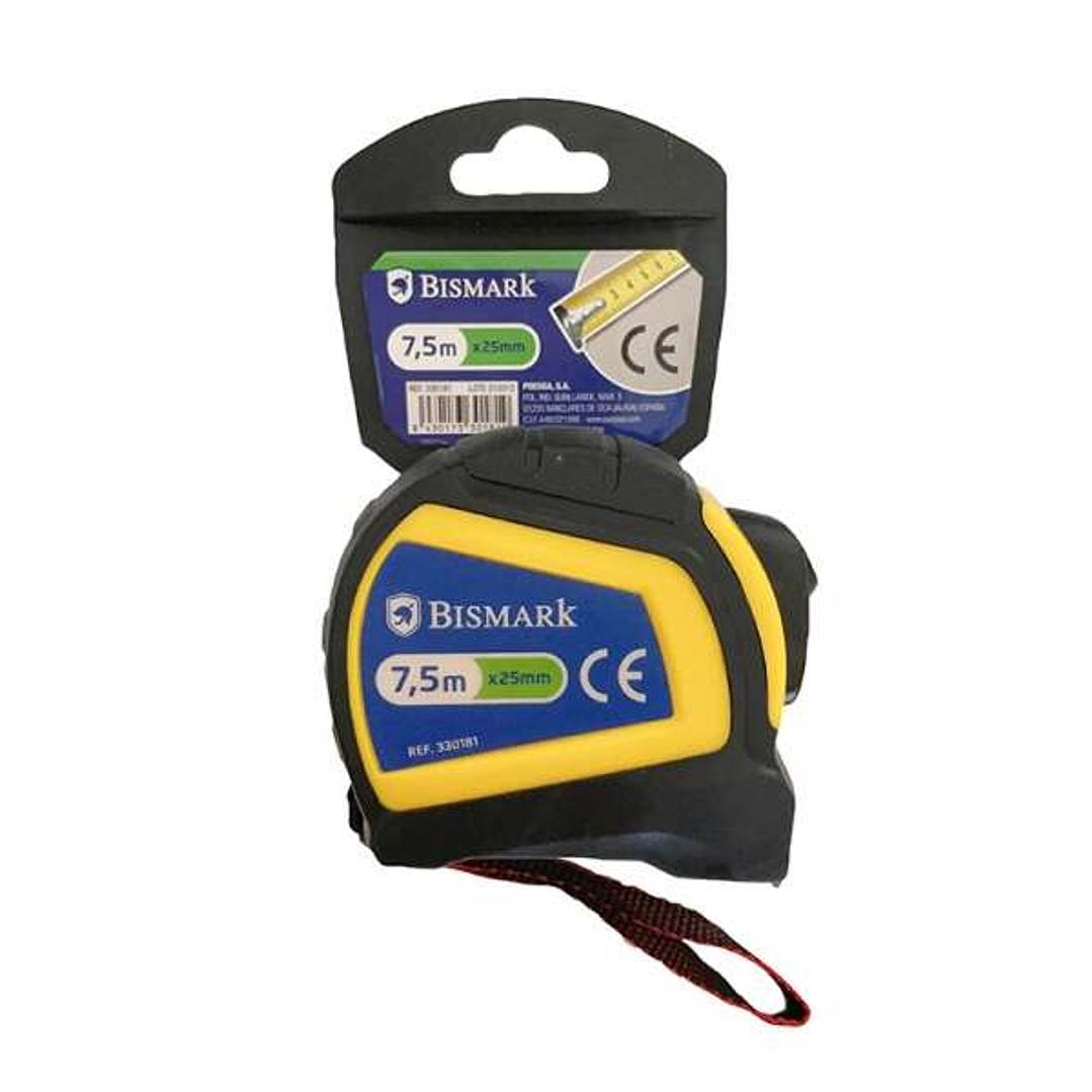 Bismark Flexometro 7.5m con Freno - Carcasa Reforzada Extra Fuerte de Goma - Cinta para Colgar - Color Negro/Amarillo 1