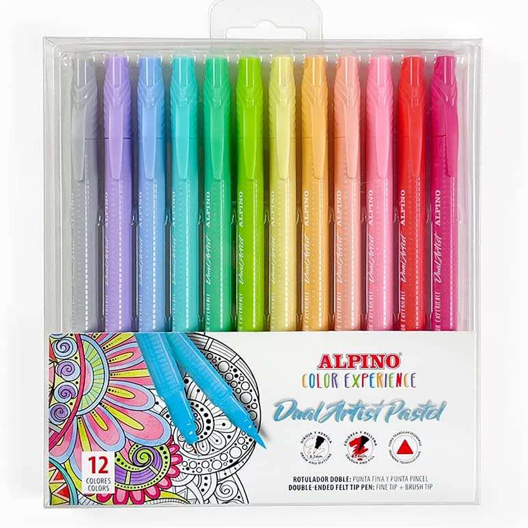 Alpino Color Experience Pack de 12 Rotuladores Pastel Doble Punta - Forma Triangular Ergonomica - Puntas Fine Liner de 0.7mm y Pincel de 2.9mm - Color 1