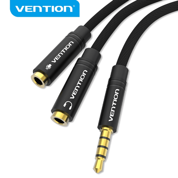 Vention Cable Divisor de Audio - Sincronizacion de Audio y Microfono - Tela Trenzada - Conector Escalonado - Color Negro 1