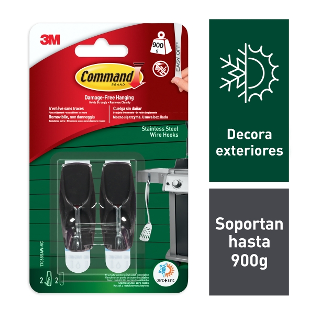 Command Pack de 2 Ganchos para Exterior - 2 Tiras Adhesivas - Soporta hasta 0.9kg - Punta Metalizada - Color Negro 1