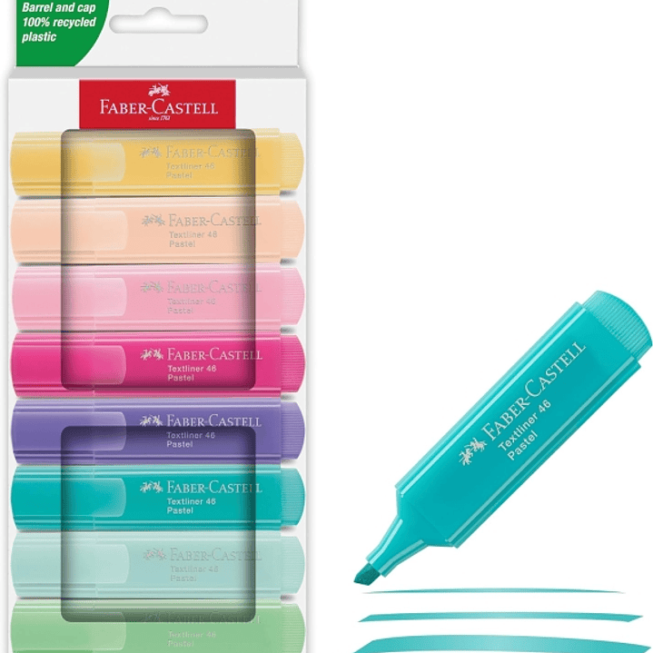Faber-Castell Textliner 46 Pastel Pack de 8 Marcadores Fluorescentes - Punta Biselada - Trazo entre 1mm y 5mm - Tinta con Base de Agua - Colores Surti 1