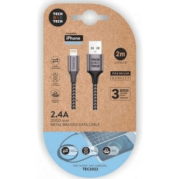 TechOneTech Cable USB-A Macho a Lightning Macho 2m - Recubierto de Nylon Trenzado 1
