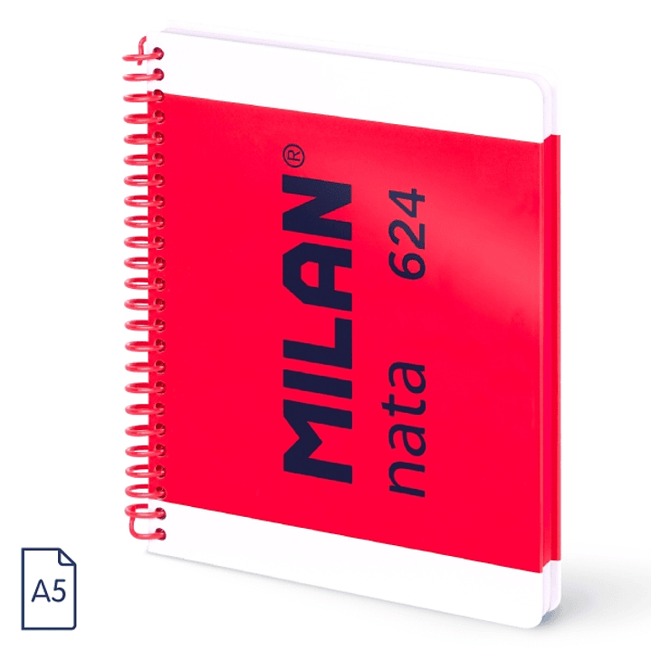Milan Nata 624 Cuaderno A5 con Espiral - Cuadriculado - 80 Hojas de 95Gr - Tapa Dura - Color Rosa 1