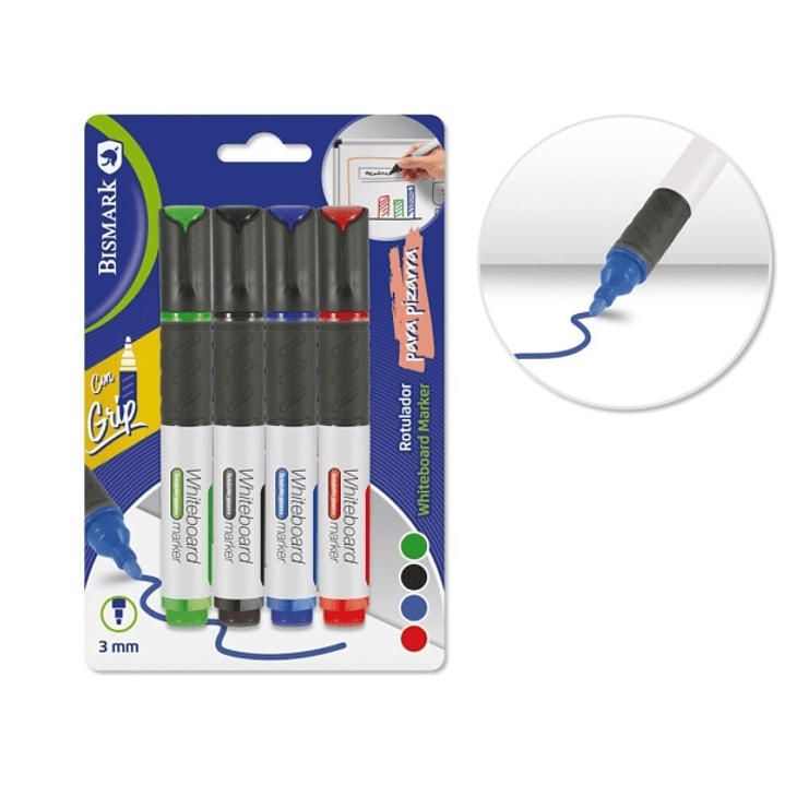 Bismark Pack de 4 Rotuladores para Pizarra Blanca con Grip - Punta Redonda 3mm - Colores Surtidos 1