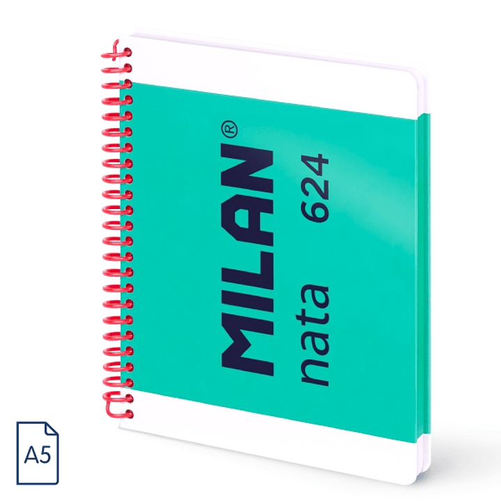 Milan Nata 624 Cuaderno A5 con Espiral - Cuadriculado - 80 Hojas de 95Gr - Tapa Dura - Color Verde 1