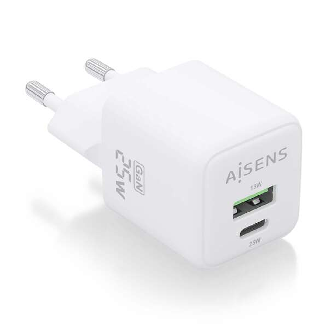 Aisens Cargador Gan 25W - 1xUSB-C PD3.0 QC4.0 - 1xUSB-A QC3.0 - Color Blanco 1