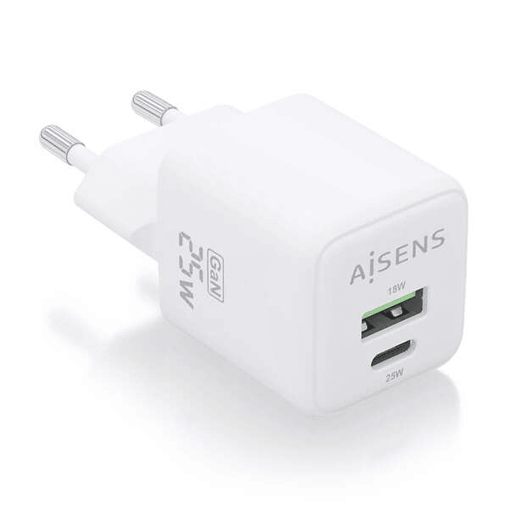Aisens Cargador Gan 25W - 1xUSB-C PD3.0 QC4.0 - 1xUSB-A QC3.0 - Color Blanco 1