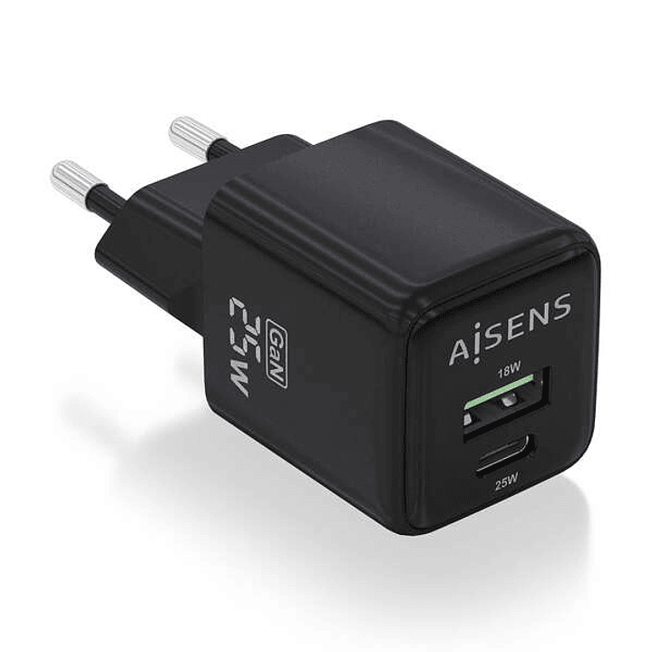 Aisens Cargador Gan 25W - 1xUSB-C PD3.0 QC4.0 - 1xUSB-A QC3.0 - Color Negro 1