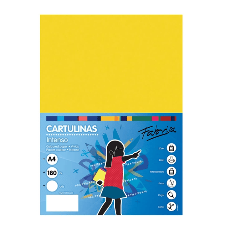 Fabrisa Pack de 50 Cartulinas 180 g/m² - Tamaño A4 - Color Amarillo Fuerte 1