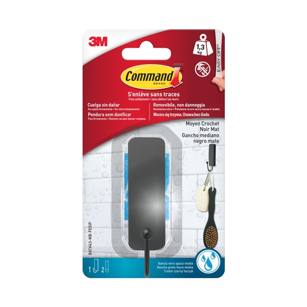 Command Gancho Medianos para Aseo - 2 Tiras Adhesivas - Resistente al Agua - Soporta hasta 1.3kg - Color Negro Mate 1