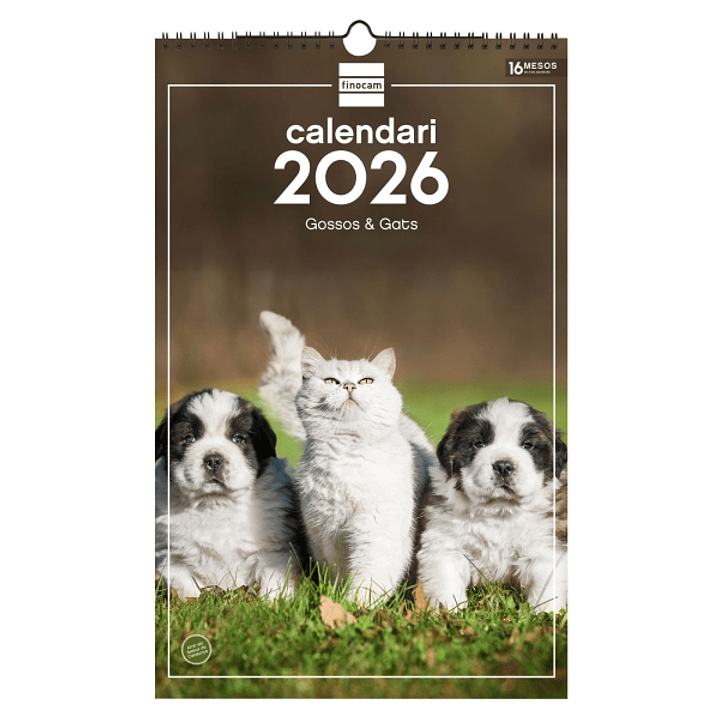 Finocam Calendario de Pared en Catalan - Anual 2026 - Imagenes Variadas - con Espiral - Espacio para Escribir - Tematica de Perros y Gatos 1