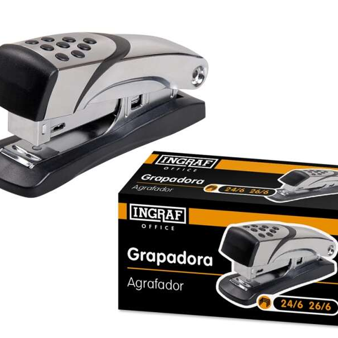Ingraf N4 Grapadora Metalica - Cuerpo Metalico con Adornos en Plastico - Recubrimiento de Goma Antideslizante - Compatible con Grapas 24/6 y 26/6 - Co 1