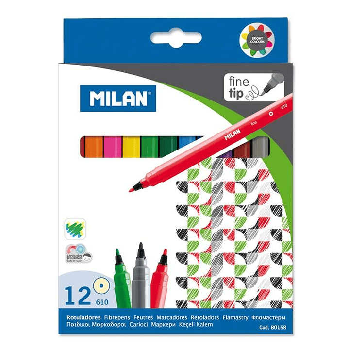 Milan Pack de 12 Rotuladores - Punta Fina de 2mm - Tinta al Agua - Lavable - Colores Surtidos 1