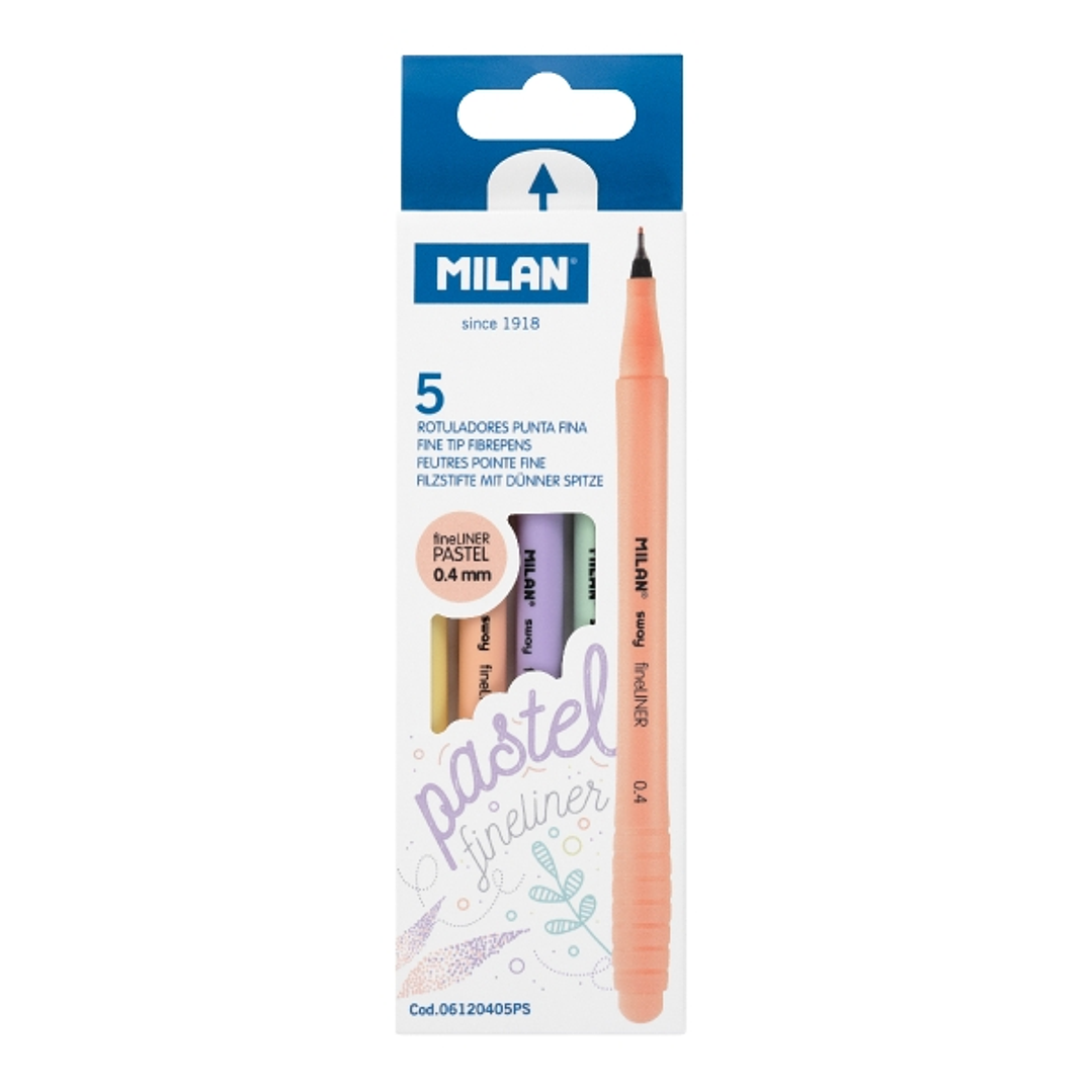 Milan Sway Fineliner Pack de 5 Rotuladores Punta Fina Sway Pastel Fineliner 0.4mm - Tinta al Agua - Punta Fina 0.4mm - Colores Surtidos 1