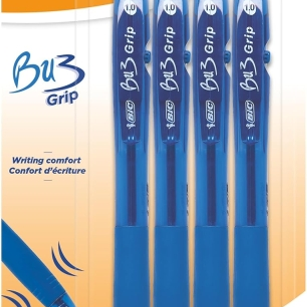 Bic Bu3 Pack de 4 Boligrafos Retractiles - Punta Media de 1mm - Trazo 0.32mm - Grip de Goma - Escritura mas Fluida - Color Azul 1