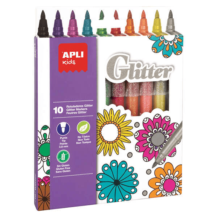 Apli Kids Rotuladores Glitter - Ø 12x137 mm - Cuerpo Cilindrico y Punta Redonda Bloqueada de Ø 3.8 mm - Colores Surtidos - Lavables, Anti Asfixia, No  1