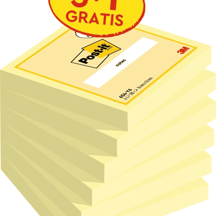 Post-It Pack de 6 Blocs de 100 Notas Adhesivas Reposicionables - 76x76mm - Promocion 5 Blocs + 1 Gratis - Color Amarillo Claro 1