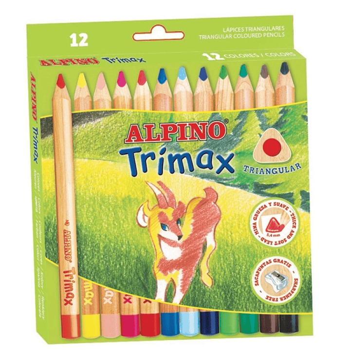 Alpino Trimax Pack de 12 Lapices de Colores Triangulares Gruesos + Sacapuntas - Mina de 5.4mm - Resistente al Agua - Bandeja Extraible - Colores Surti 1