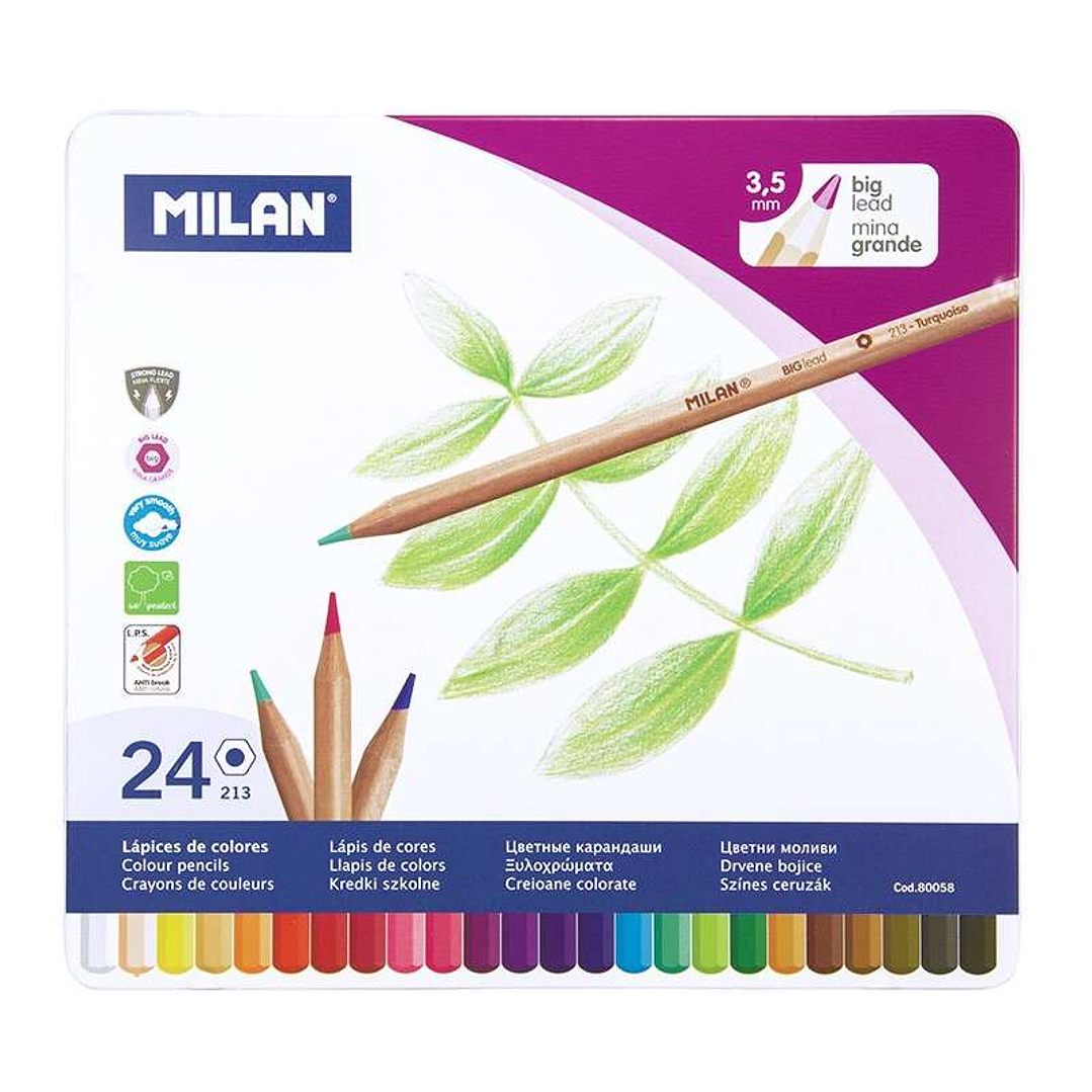 Milan Caja Metalica con 24 Lapices Hexagonales de Colores - Mina 3.5mm - Trazo Uniforme - Resistente a la Rotura - Colores Surtidos 1