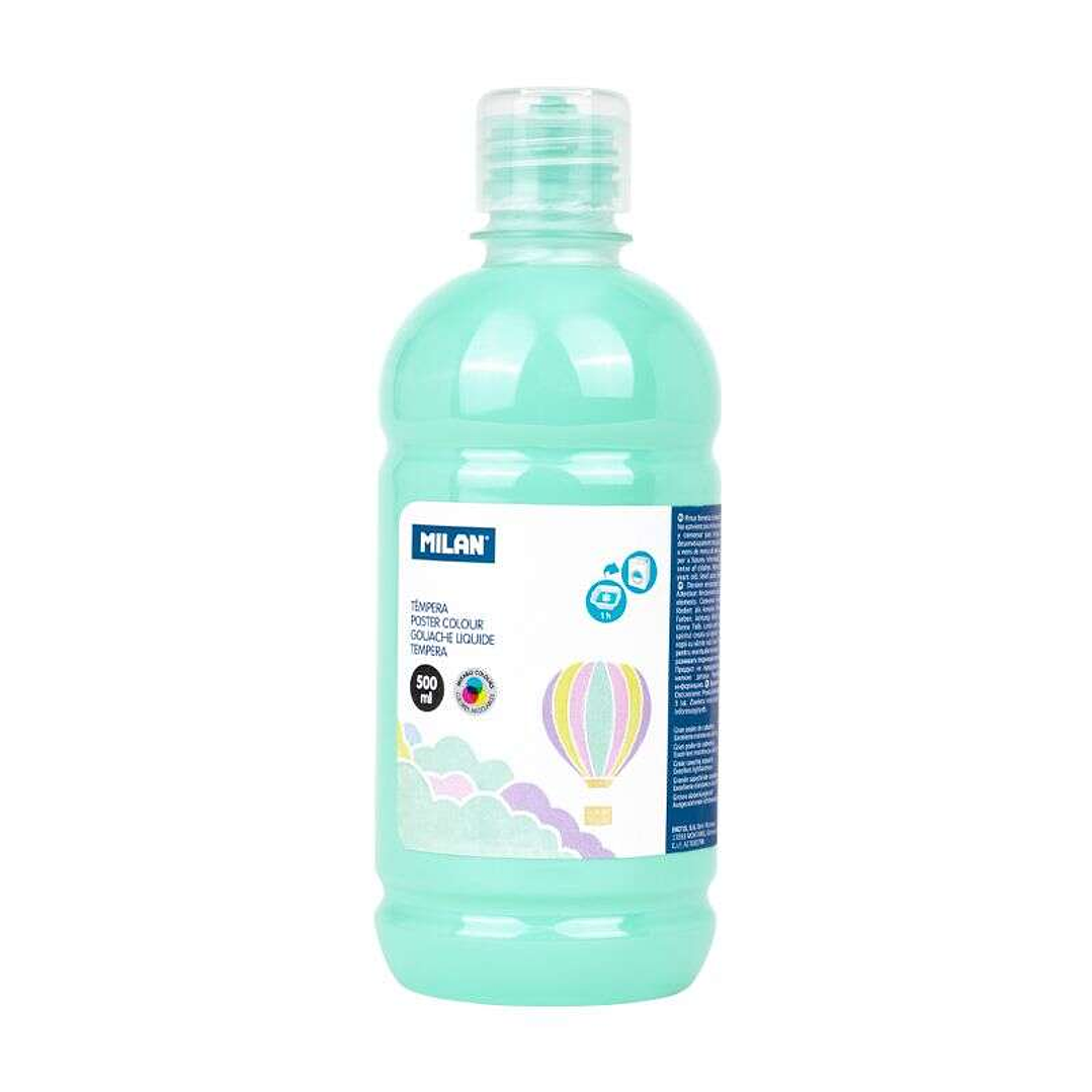 Milan Botella de Tempera 500ml - Tapon Dosificador - Secado Rapido - Mezclable - Color Verde Pastel 1