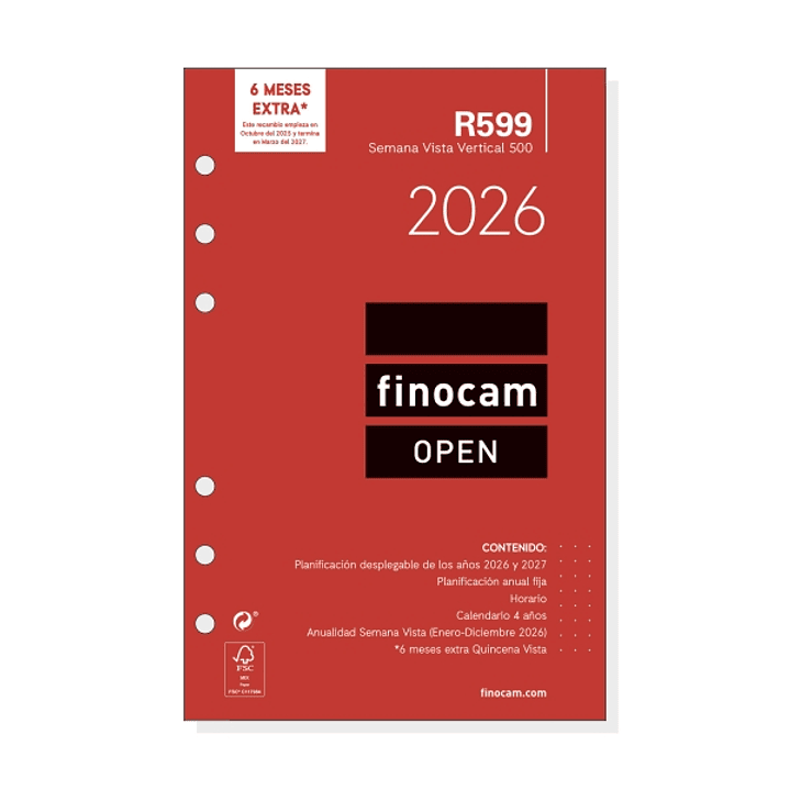 Finocam R599 Recambio Anual 2026 para Agendas Open 2026 - Formato 500 - 117x8x181mm - Semana Vista en Vertical - Color Blanco 1