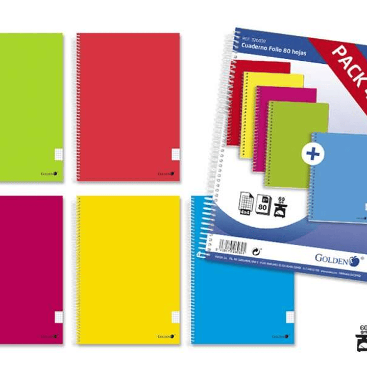 Golden Pack de 5 Cuadernos Espiral Folio 80 Hojas Cuadricula 4x4 - Margen Remarcado - Tapa Normal Plastificada - Colores Surtidos 1