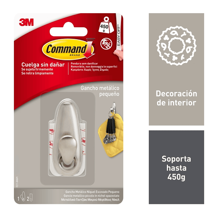 Command Forever Gancho Metalico Compacto - Talla S - 2 Tiras Adhesivas - Soporta hasta 0.45kg - Color Niquel Pulido 1