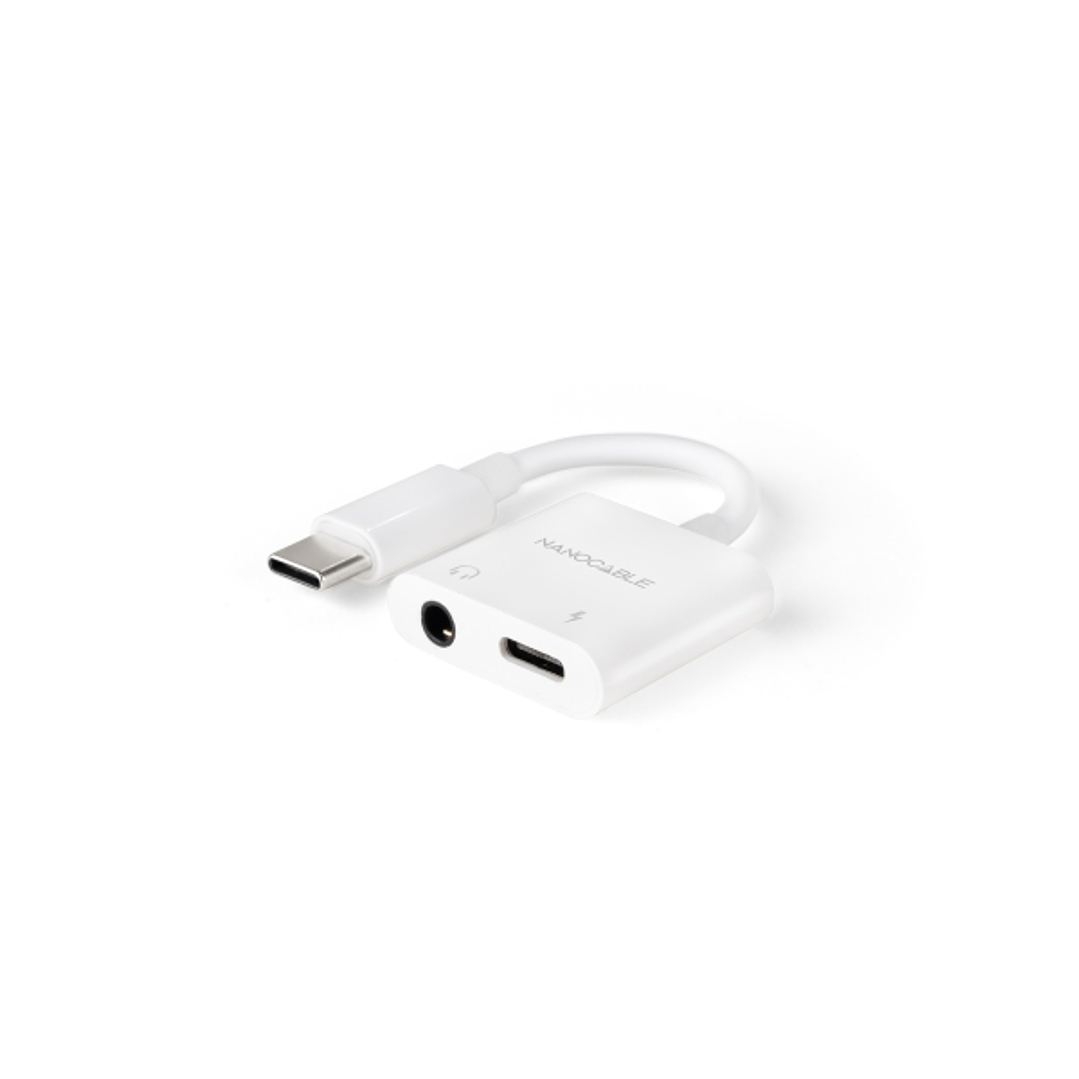 Nanocable Conversor USB-C a Audio 48KHz - USB-C/M-1xJACK 3.5/H + USB-C/H PD 60W - 11.5cm - Color Blanco 1