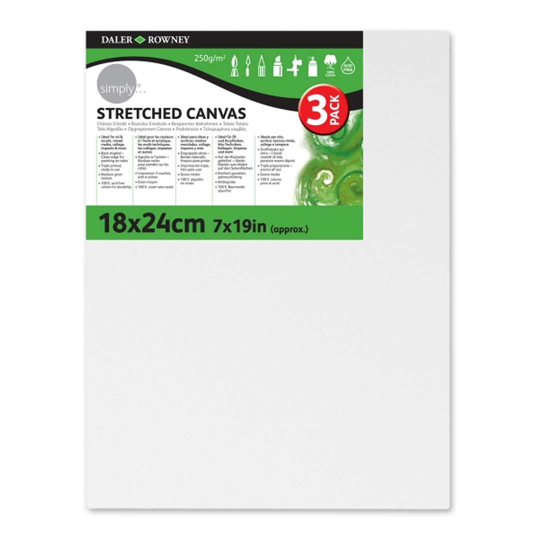 Daler Rowney Simply Pack de 3 Bastidores Entelados- 18x24cm - Imprimacion Triple - Grano Medio - 100% Algodon sin Acido - 250g - Color Blanco 1