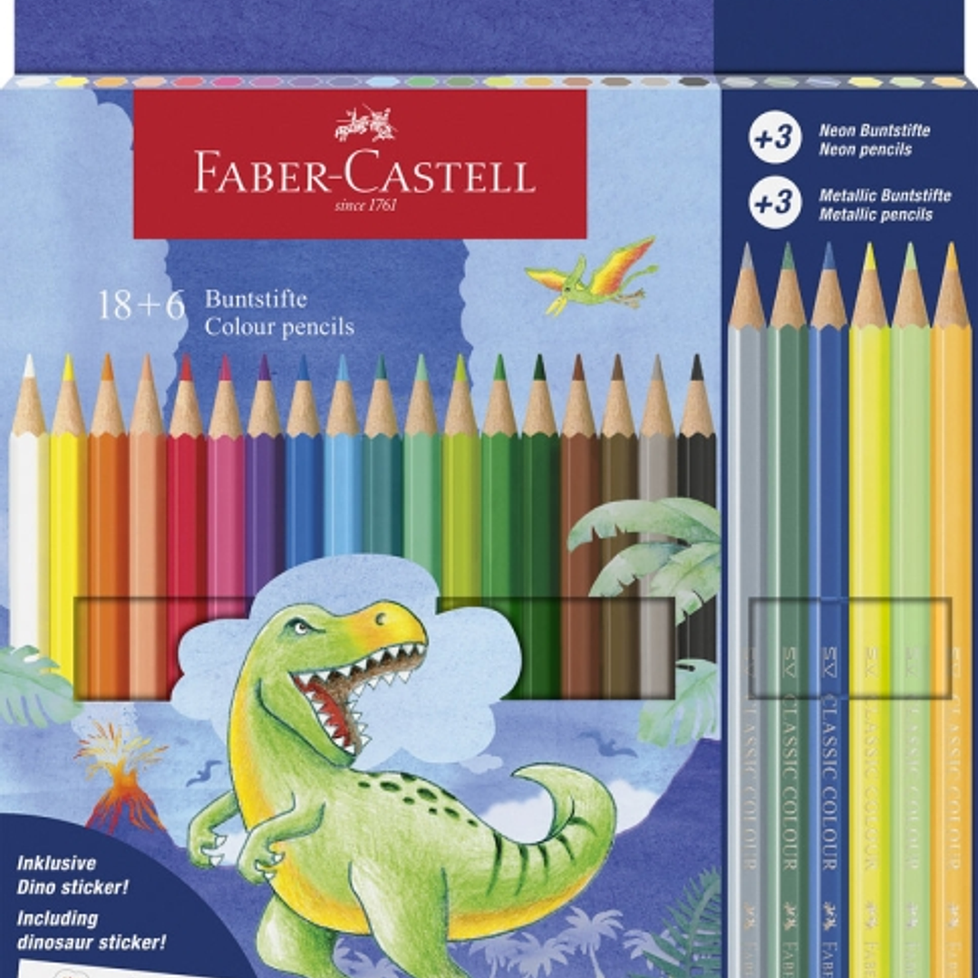 Faber-Castell Edicion Dinosaurios Pack de 24 Lapices de Colores Hexagonales - 18 Colores Clasicos + 3 Colores Neon + 3 Colores Metalizados - Incluye P 1