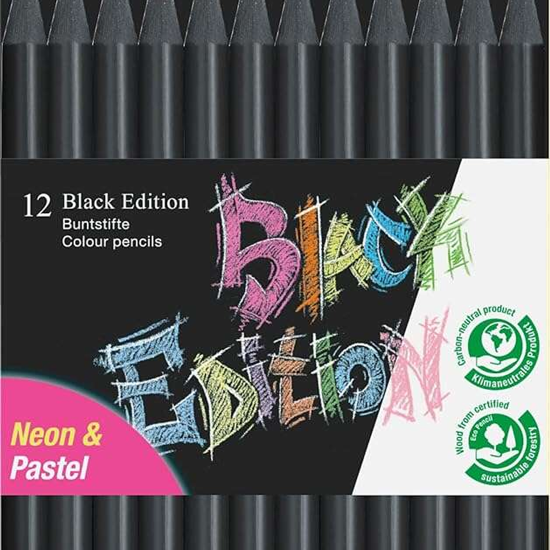 Faber-Castell Black Edition Pack de 12 Lapices de Colores Neon+Pastel - Mina Supersuave - Madera Negra - Ideales para Dibujo sobre Papel Claro, Oscuro 1