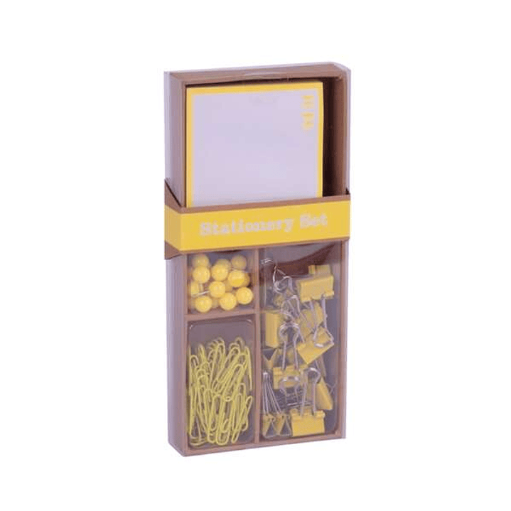 Apli Fluor Collection Set de Oficina - 25 Pins, 80 Clips de 28mm, 20 Pinzas Abatibles de 19mm y Notas Adhesivas de 100 Hojas en Amarillo Fluor - Diseñ 1