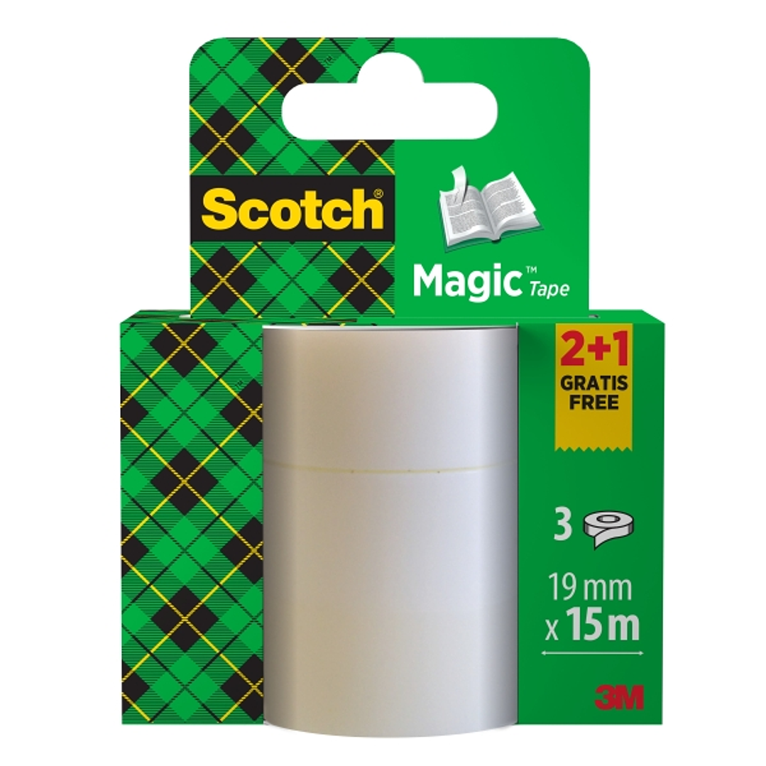 Scotch Magic Pack de 3 Cintas Adhesivas Invisible - 19mm x 15m - Promocion 2 Unidades + 1 Gratis - Color Transparente 1