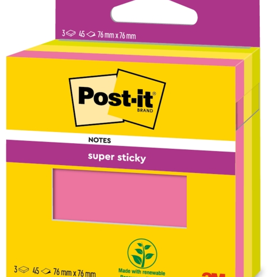 Post-It Super Sticky Pack de 3 Blocs de 45 Notas Adhesivas Reposicionables - 76x76mm - 100% PEFC - Colores Surtidos 1
