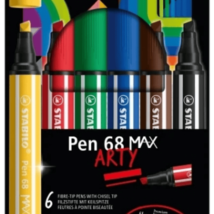 Stabilo Pen 68 MAX Arty Pack de 6 Rotuladores - Punta de Fibra Biselada - Trazo entre 1-5mm aprox. - Tinta a Base de Agua - Colores Surtidos 1