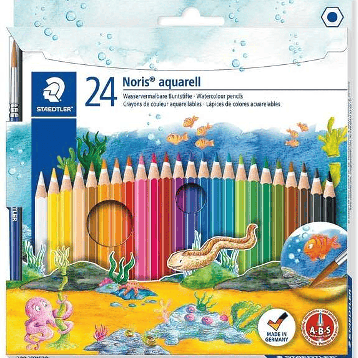 Staedtler Noris Aquarell Pack de 24 Lapices Hexagonales de Colores + Pincel - Refuerzo de Mina para Mayor Resistencia a la Rotura - Madera de Bosques  1