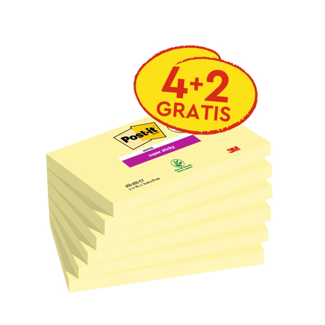 Post-It Super Sticky Pack de 6 Blocs con 90 Notas Adhesivas Reposicionables - 76x127mm - Promocion 4 Blocs + 2 Gratis - Color Amarillo Claro 1